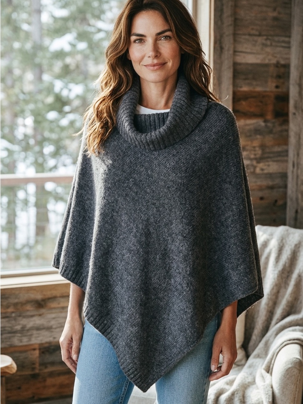 Ivanka Trump Wool Blend Cowl Neck Poncho In Solid Grey Size Small